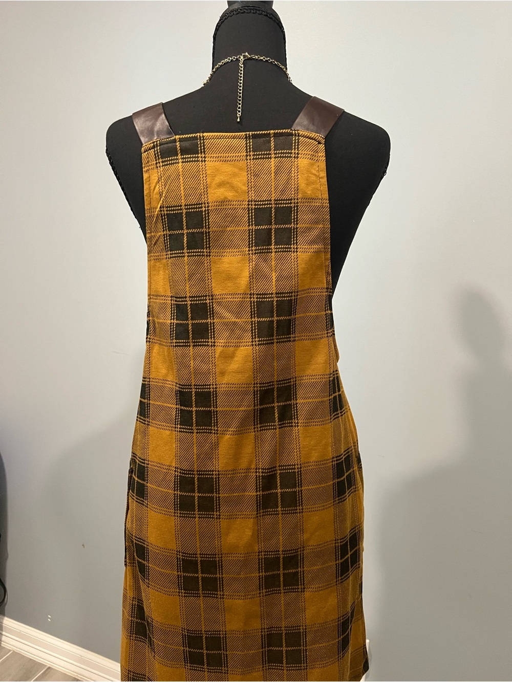 No Boundaries Mustard Plaid Mini Pinafore Dress with Brown Strap Accents - Picture 3 of 5